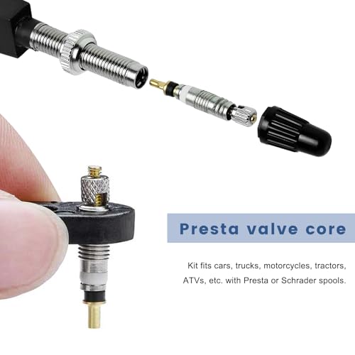 23 PCS Presta Valve Core Repair Kit, Tubeless Auto Tire Stem Cores with Caps Adapter Removal Tool, French Tire Valve Cores Caps Remover Set for Tubeless Road MTB Bike Tires