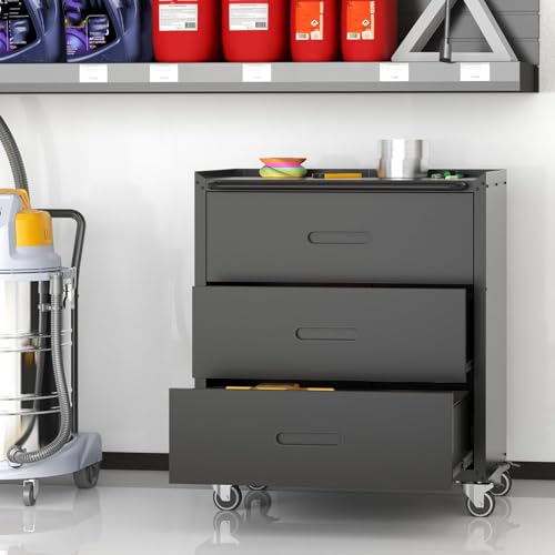Mobile Tool Storage Cabinet with Wheels,Heavy Duty Rolling Tool Cabinets for Garage,Metal Storage Cabinets with 3 Drawer,Assembly Required - color: Black, style: 3 drawer with wheels
