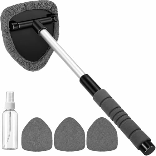 Windshield Cleaning Tool with Extendable Handle, Car Interior Window Cleaner Kit with 4 Reusable Microfiber Pads, Inside Windshield Cleaner for Auto & Home Glass (New) (Gray) - color: Gray