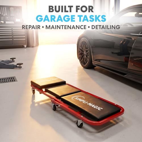 SIMPLI-Magic 2-in-1 Mechanic Creeper and Seat, Adjustable Rolling Automotive Creeper with Padded Cushion and Casters, Red
