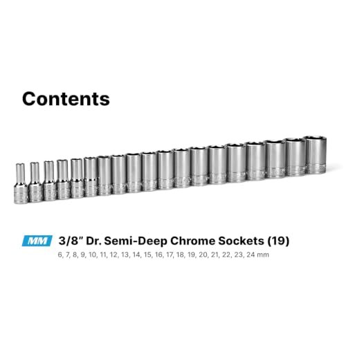 Capri Tools 3/8 in. Drive Semi-Deep Chrome Sockets Set, 6-Point, 6 to 24 mm, 19-Piece - size: Semi-Deep Set / 6-24 mm