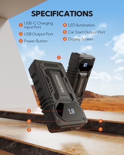 2026 New Portable Car Battery Jump Starter,12000mAh Battery Jump Box,44.4Wh Vehicle Jump Booster with Smart Jumper Cables,LED Light Emergency Car Kits for Vehicles,Arrancador Ae Batería - style: JS6 12000mAh