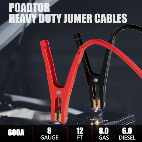 Heavy Duty Jumper Cables for Car Battery, 8 Gauge 12 Feet 600AMP, Automotive Booster Cables for Jump Starting Dead or Weak Batteries, Carrying Bag Included - size: 8 Gauge (12FT)