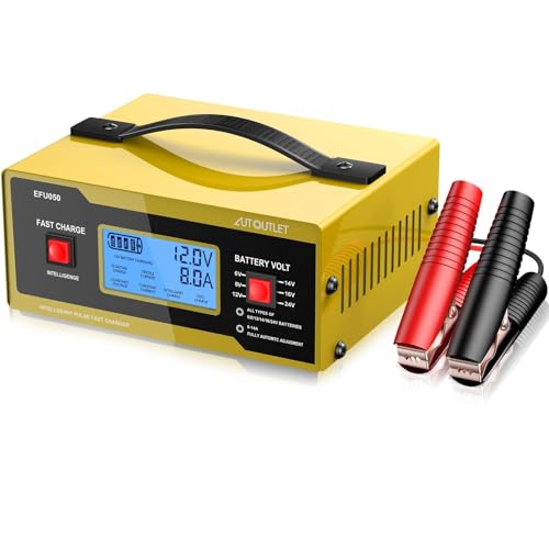AUTOUTLET Upgraded 6/8/12/14/16/24V Battery Charger Automotive Smart Car Battery Charger and Trickle Maintainer 0-14A Fully Automatic with Cable Clamps for Lead-Acid Batteries(NOT Lithium Battery) - color: Yellow