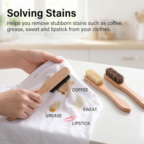 Gjinxi 3pcs Wood Laundry Stain Brush Set Tough Stain Remover Boar Bristle Brushes for Cleaning Clothes Furniture Fabric Leather Sofas Knits Cotton Linens Shoes Car Seats Boots Bags Hat Cashmere Wool