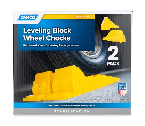 Camco Camper/RV Leveling Block Wheel Chocks - Stabilize & Center Wheels Easier - Helps Eliminate Dangerous Tire Movement - Sized for Larger Vehicle Tires - 2-Pack (44401)