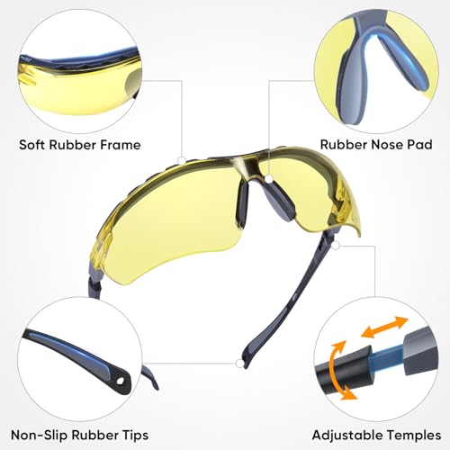 TICONN Anti-Fog Safety Glasses for Men and Women, ANSI Z87.1 Scratch Proof Eye Goggles with Adjustable Arms and UV Protection - style: 3 Pack/Yellow