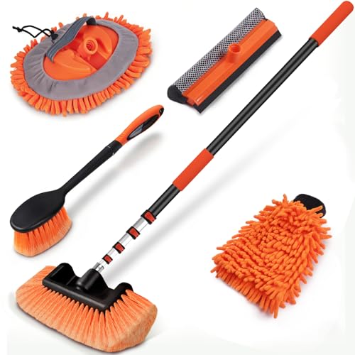18 FT Reach Car Wash Brush with Long Handle, Car Cleaning Kit with 3-12FT Extension Pole, Soft Bristle Brush, Chenille Microfiber Cleaning Mop&Mitt, Window Squeegee, Wheel Brush for RV, Truck