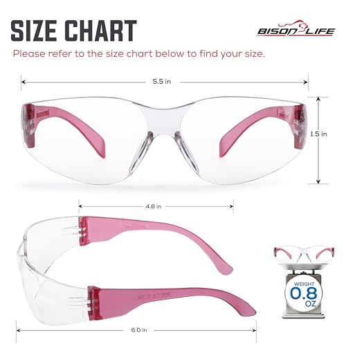 BISON LIFE Clear Safety Glasses – ANSI Z87.1 Certified Scratch & Impact Resistant Eye Protection Goggles for Men & Women - color: Clear/Pink