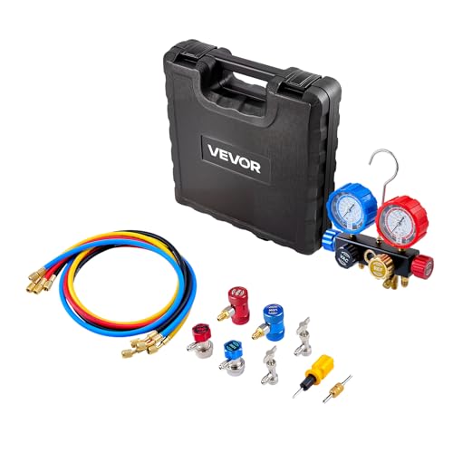 VEVOR AC Manifold Gauge Set for R134a R404A R1234yf R22 Refrigerant, 4 Way AC Gauge with 5 ft Hoses, Adapters, Quick Couplers, Can Taps for Automotive Air Conditioning Maintenance, Charging Evacuation - size: R134a/R404A/R1234yf/R22, style: 4 Way with Box