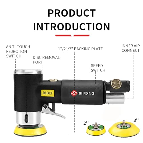 SI FANG 1'' 2'' 3'' Mini Random Orbital Air Sander Kit, High Speed Pneumatic DA Sanders Polisher for Auto Body Work, Includes 27Pcs 1/2/3in Polishing Sponge & Wool Pads, 15Pcs Sandpapers (Black) - style: 1"2"3" Buffer&Sander Kit