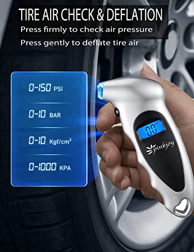 PINKJOY Digital Tire Pressure Gauge 150 PSI, 4 Settings, Tire Gauge for Car, Truck, Motorcycle, Bicycle with Backlit LCD and Non-Slip Grip (Silver) - color: Silver 1 Pack