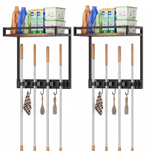2 Packs Broom Holder Wall Mount with Shelf Load 66LBS Broom and Mop Organizer Wall Hanging Broom Hanger with 4 Mop Hanger Grippers, 3 Hooks for Laundry Room, Garage, Utility Closet, Kitchen - style: 2 Packs
