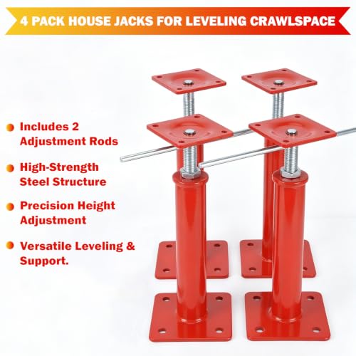 4 Pack House Jacks for Leveling, 11-16 in Crawlspace Support Posts | 4-Pack support set - For crawlspaces, basements, floor joists and beams; includes 4 jack posts and 2 adjustment rods