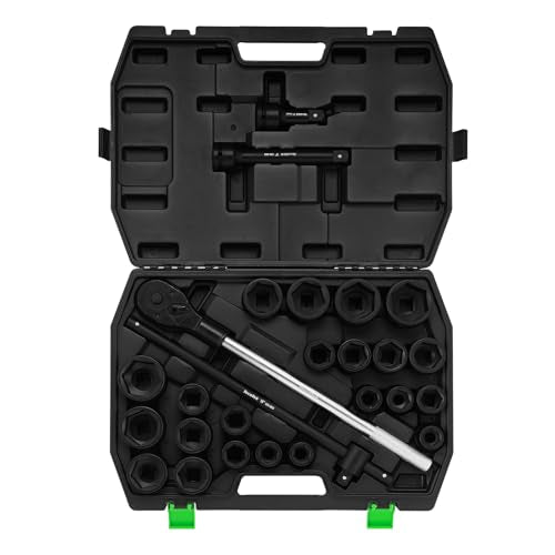 TecoTek 3/4" Drive Shallow 6-Point Impact Socket Set, 27-Piece Jumbo Assortment, CR-MO, SAE (7/8-Inch to 2-Inch) and Metric (22mm to 50mm), Ratchet Handle with Extensions
