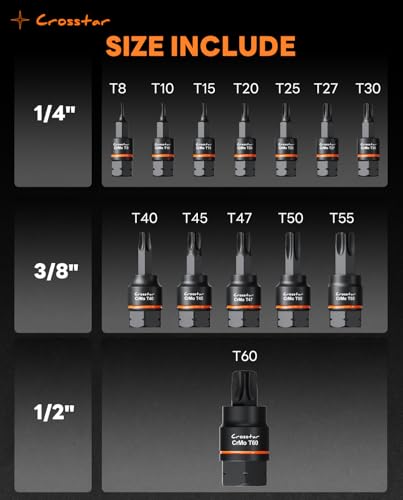 Crosstar 13 Pcs Tamper-Proof Torx Bit Socket Set, Hex socket, T8-T60, S2 Steel with Base, 1/2 ″ 1/4″ 3/8″ Torx Drive Socket Set, Professional Tools for Automotive, Home Appliance, and Machinery Repair - size: TT8-TT60