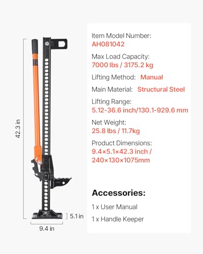 VEVOR Farm Jack, 42" Utility High Lift Farm Jack, 3.18 Ton (7,000 lbs) Capacity Ratcheting Off Road Utility Jacks, Heavy-Duty Lift Jacks with 5.12"-36.6" Lifting Range for Tractor, Truck, SUV - size: 42 inch