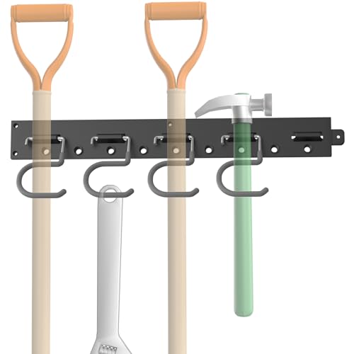 TORACK Plastic Wall Mounted Mop and Broom Holder, Garden Tools Organizer for Garage Wall, Yard Tool Storage Rack for Rakes, Shovels, Mops, Brooms (4 Tracks, 16 Hooks)