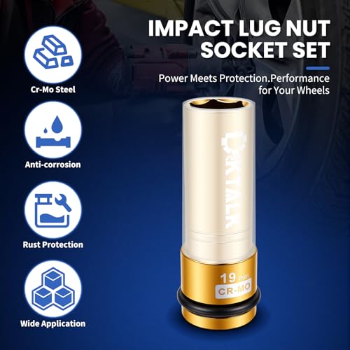 1/2" Drive 19mm Wheel Lug Nut Impact Socket,Color-Coded Non-Marring Deep Thin Wall Socket with Removable Protect Sleeve, 6 Point, Cr-Mo Steel - color: 19mm