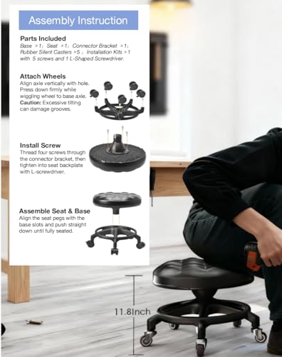 Upgraded Low-Profile Rolling Stool with 360° Smooth Rubber Wheels – Heavy-Duty 450lbs, Puffed PU Seat & Anti-Tip Base | Ideal for Home, Office, Salon, Workshop, Mechanic, Garage, Black - style: Puffed Black Seat Black Frame