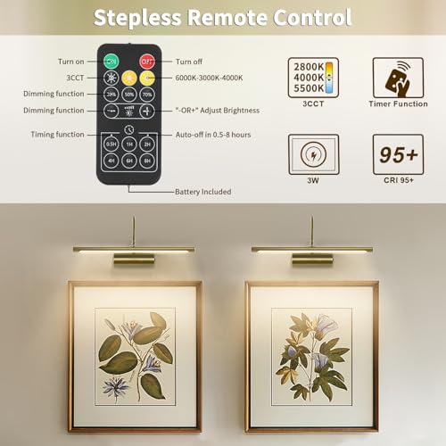 JOOSENLUX Battery Operated Picture Lights Gold Wall Lights Wireless Flexible Neck with Remote Rechargeable Wall Lights for Pictures 16" Dimmable Display Art Light with Timer 3000K Brass - color: Brass, size: Model A