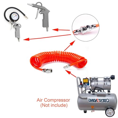 7-Piece Multi-Purpose Air Compressor Accessory Kit, Air Blow Gun and Extendable Air Nozzles, 5 Meter Long PU Air Hose, 100PSI Tire Pressure Gauge with Inflator, 1/4" NPT Air Coupler