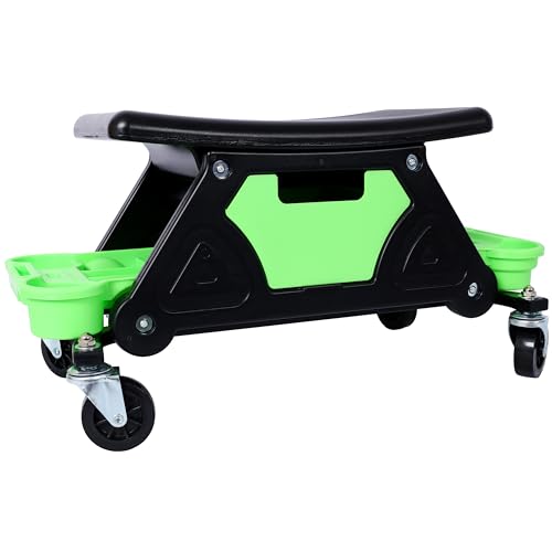 Anwick Mechanic Stool Seat Chair with Wheels, Heavy Duty Rolling Garage Stool with 3 Removable Tool Trays and Drawer, 300 LBS Capacity, Rolling Tool Seat for Shop, Auto Repair (Green) - color: Green