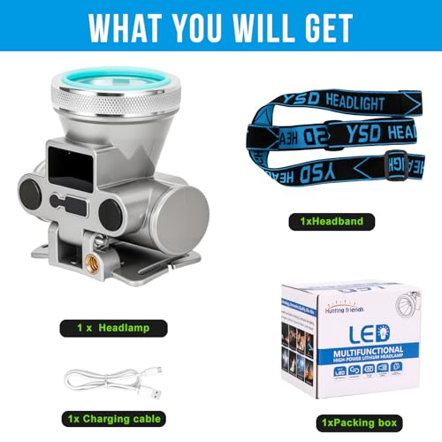 High Brightness LED Headlamp with Display Screen Rechargeable USB-C Waterproof Headlight with Runtime Indicator 4 Lighting Modes Light for Camping, Work, Hunting, Fishing (Mode 502 - White Light) - color: Model-502