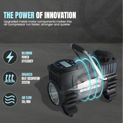 K KRIËGER Air Compressor Portable Tire Inflator 12V DC Air Pump for Car Tires with Digital Tire Pressure Gauge 120 Max PSI Preset Pressure Feature, LED, Digital Display Includes Storage Bag