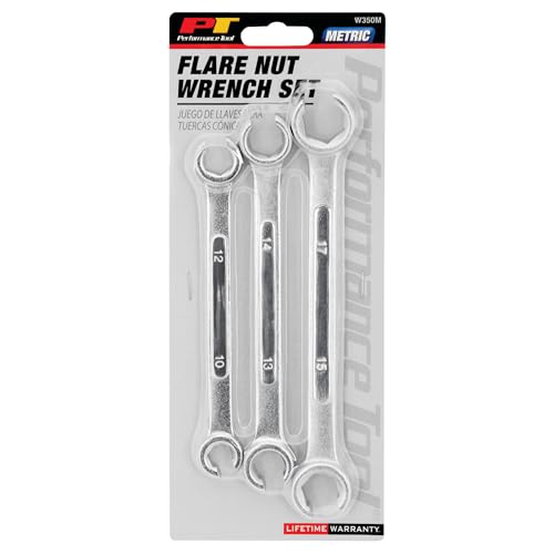 Performance Tool W350M 3-Piece Metric Flare Nut Wrench Set | Automotive brake line and soft fitting wrenches. Heat treated drop forged steel with polished chrome finish - size: 3pc Metric Flare Nut Wrench Set