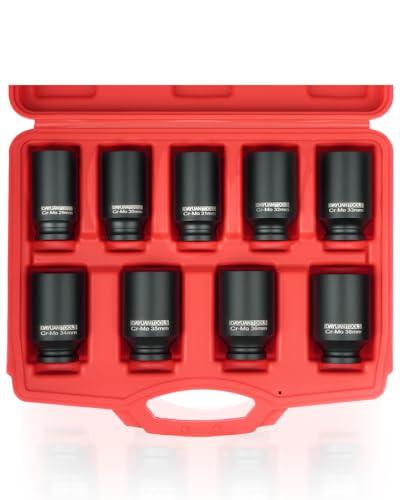 DAYUAN 9 Pcs Axle Nut Hub Impact 1/2" Drive Deep Impact Socket Set | 29 30 31 32 33 34 35 36 38mm, 6-Point Design,Locking Hole,For Axle Nut Removal,Fits Most Vehicles, Storage Case, Cr40 Steel