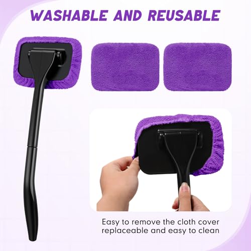 FoldTier 8 Pcs Car Windshield Cleaner Tool Kit with Removable Handle, Microfiber Towel Pads, Brush, Empty Spray Bottle for Auto Glass Wiper Suvs Rvs & Home Windows(Purple) - color: Purple