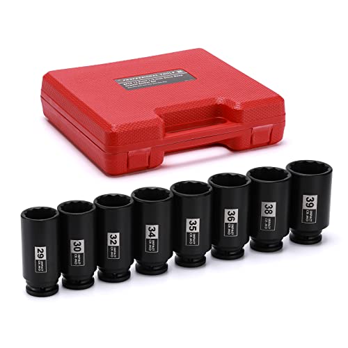 EMENTOL 8PCS 1/2" Drive Deep Spindle Axle Nut Impact Socket Set, CR-MO, 12 Point, Metric, Deep Socket Impact Socket Set-29,30 32, 34, 35, 36, 38, 39mm - size: 8PCS (29mm - 39mm)