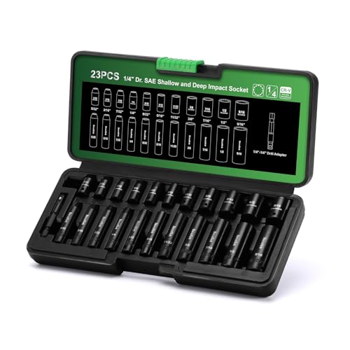 TecoTek 23 Pieces 1/4-Inch Drive Shallow and Deep 12-Point Impact Socket Set, CR-V, 5/32 to 9/16 in, SAE, 1/4"-1/4" Drill Adapter - size: 4 - 14 mm (23 PCS)