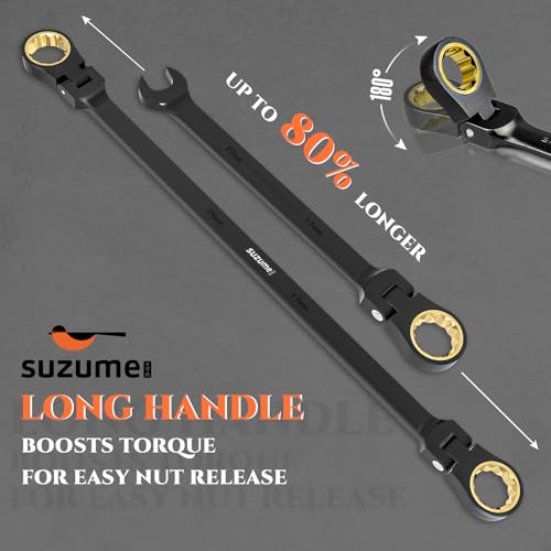 SUZUME Extra Long Flex Head Ratcheting Wrench Set 6PCS (8-19mm) Double Box End Metric EVA Foam 180° Flexible Head 15K Gear Cycles Tested Black Chrome Finish CR-V Steel for Tight Engine Bays with Pouch - size: 6-Piece