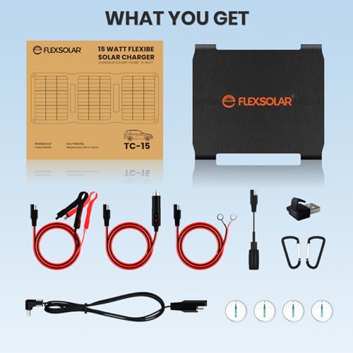 FlexSolar 15W Foldable Solar Panel Trickle Charger Maintainer Kits - 12V DC & USB Output with Built-in Controller Includes Cigarette Lighter, Alligator Clips, O-Rings,OBDII Connector for Car, Truck - color: TC-15W