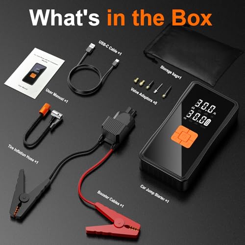 Preciva 8000mAh Jump Starter - 8000A Peak Car Battery Charger with Smart Air Compressor (150PSI), Tire Repair Kit, Power Bank, Digital Gauge & LED Emergency Light for Car, Truck, Motorcycle