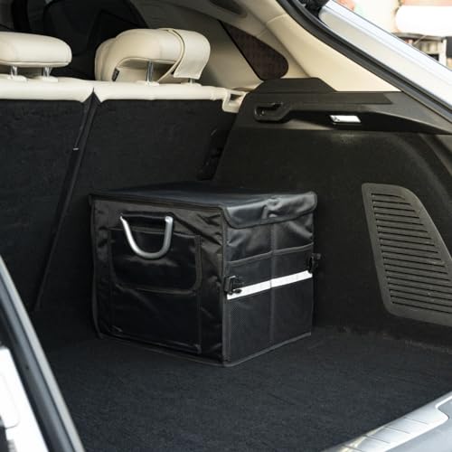 Small Trunk Organizer With Lid, For SUV Car Truck, Black 28L, Foldable Waterproof Oxford Fabric, 2-Compartments With Aluminium Alloy Handle