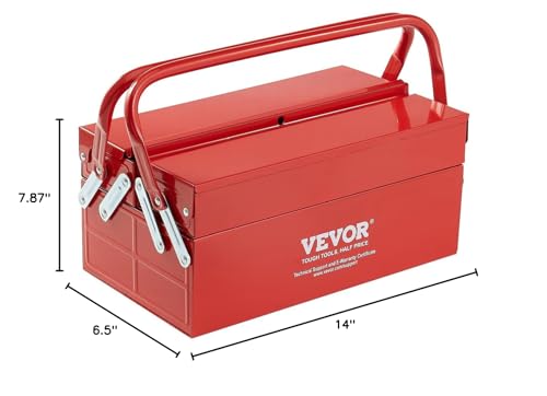 VEVOR Metal Tool Box, 14-inch, 2-Tier 3-Tray Portable Folding Tool Chest Organizer with Handle & Lock Hole, Powder Coated Steel, Cantilever Toolbox for Household Factory Warehouse Repair Shop, Red - style: 2 Tier-3 Tray