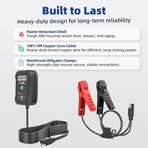 1.5A 6V/12V Car Battery Charger – Automatic Trickle Charger, Battery Maintainer & Desulfator with Overcharge Protection & Temperature Compensation – For Lead Acid, AGM, Gel, Lithium(LiFePO4) Batteries - size: 1.5A