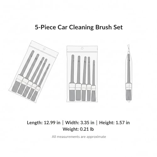 5-Piece Car Detailing Brush Set for Interior Vents, Dashboard Crevices & Wheel Rims - Black PP Plastic Cleaning Tools