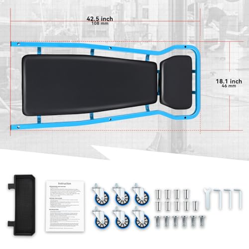 Auto Dynasty Universal 42" L X 18" W Blue for Under Car Repair Vehicle SUV Truck Pickup Adjustable Creeper with Padded Headrest + Casters - color: Blue