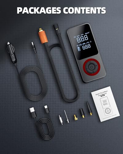 Cordless Tire Inflator Portable Air Compressor, 150 PSI Air Pump with Rechargeable Battery, Tire Pressure Gauge, 12V Car Power Adapter, Smart Air Pump for Car, Motorcycle, Bike, Ball