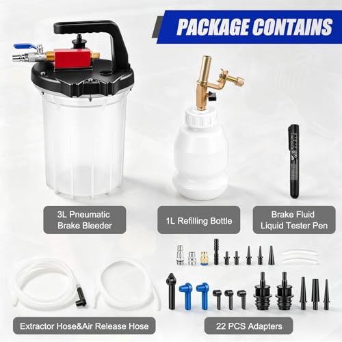 3L Vacuum Brake Bleeder Pump Kit, 1L Refilling Bottle & Adapters for Automotive Bleeding, One-Person Operation Brake Bleeder Kit