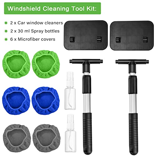 Tallew 2 Sets Windshield Cleaner Tool Car Window Cleaning Wash Kit with Detachable Handle 6 Microfiber Pads and 2 Spray Bottles Inside Windshield Cleaner Tool for Auto Glass Cleaning