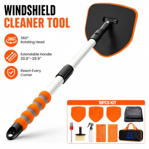 XINDELL Interior Windshield Cleaner Tool, Extendable Car Window Cleaning Kit with 360° Rotating Head, Interior Exterior Glass Cleaner for Cars Trucks SUVs, 10PCS with 3 Pads, Towels, Brushes & Bag | 360° Head, Extendable Handle, 3 Pads, 2 Brushes, 3 Towel