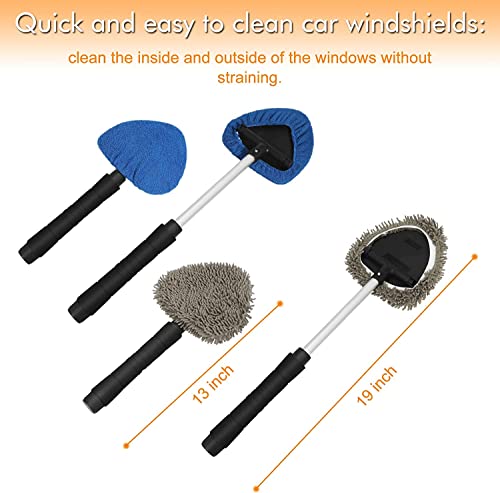 JOYFUL&HOPEFUL Car Windshield Cleaning Tool, Car Inside Window Cleaner Tool with Extendable Handle, 3pc Microfiber and 2pc Chenille, Car Interior Cleaner Tool Anti Fog, Streaks Free - size: 19 inch-Microfiber