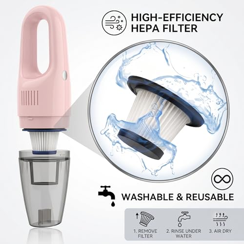 Pink Cordless Portable Car Vacuum Cleaner, High Power Handheld Vacuum | Rechargeable Lightweight Desk Duster Detailing Kit for Auto Interior & Kitchen, Aesthetic Car Accessories for Women