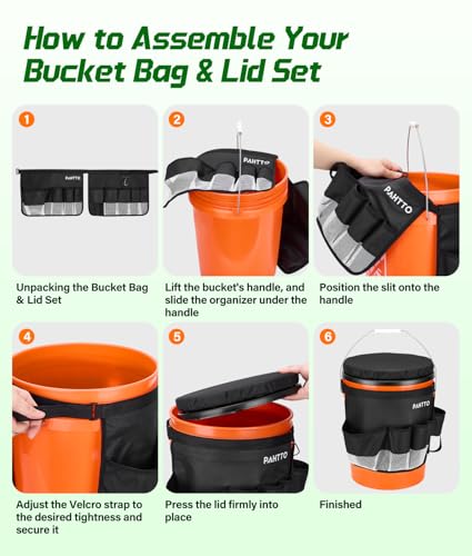 PAHTTO 5 Gallon Bucket Seat,Tool Organizer Bag & Bucket Seat Lid | Silent 360° Swivel Bucket Chair, for Camping, Fishing, Gardening, Yard Work, Hunting(Bucket and Tools Not Included)