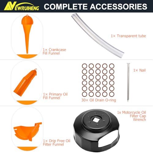 Oil Change Kit Compatible with Harley, Oil Filter Cap Wrench, Crankcase Fill Funnel, Primary Case Oil Funnel, Drip Free Oil Filter Case, Transparent Tube, Oil Drain Plug and 30PCS O-Rings Include